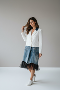 Giacca Lunga Bianco Panna con Dettaglio Denim