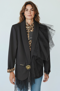Giacca Nera con Dettaglio in Tulle e Inserti Animalier – Taglia Unica
